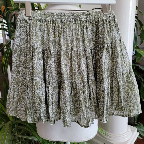 MICHAEL Michael Kors Petite Mini Skirt Paisley Tiered Ruffled Army Green XS (2) - Picture 2 of 7